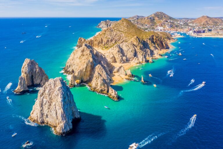 Aerial view of Lands End and the Arch of Cabo San Lucas, Baja California Sur, Mexico, where the Gulf of California meets the Pacific Ocean